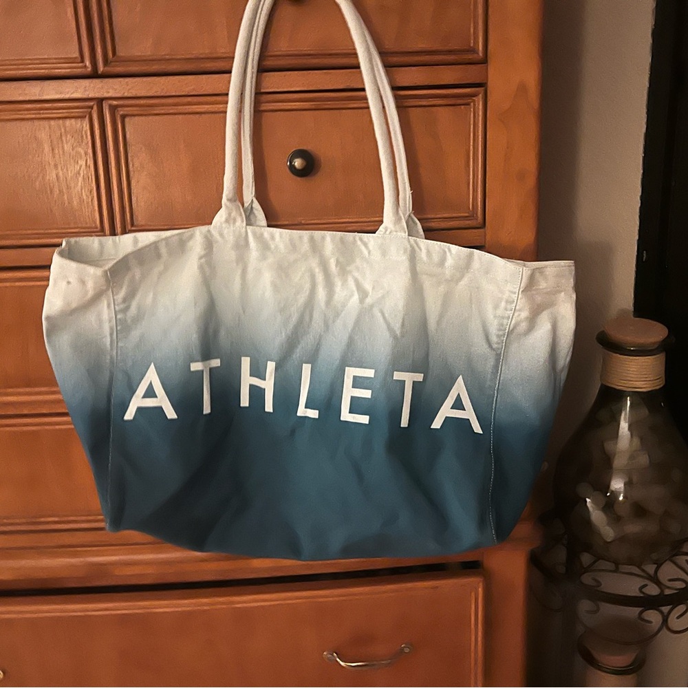 Athleta Beach Bag Gym Bag Tote Blue Ombre White Canvas Shopping Bag